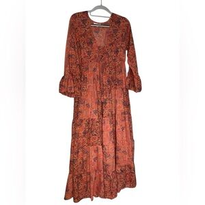 Anthropologie‎ Boemo coral maxi floral tiered boho dress cottagecore prairie